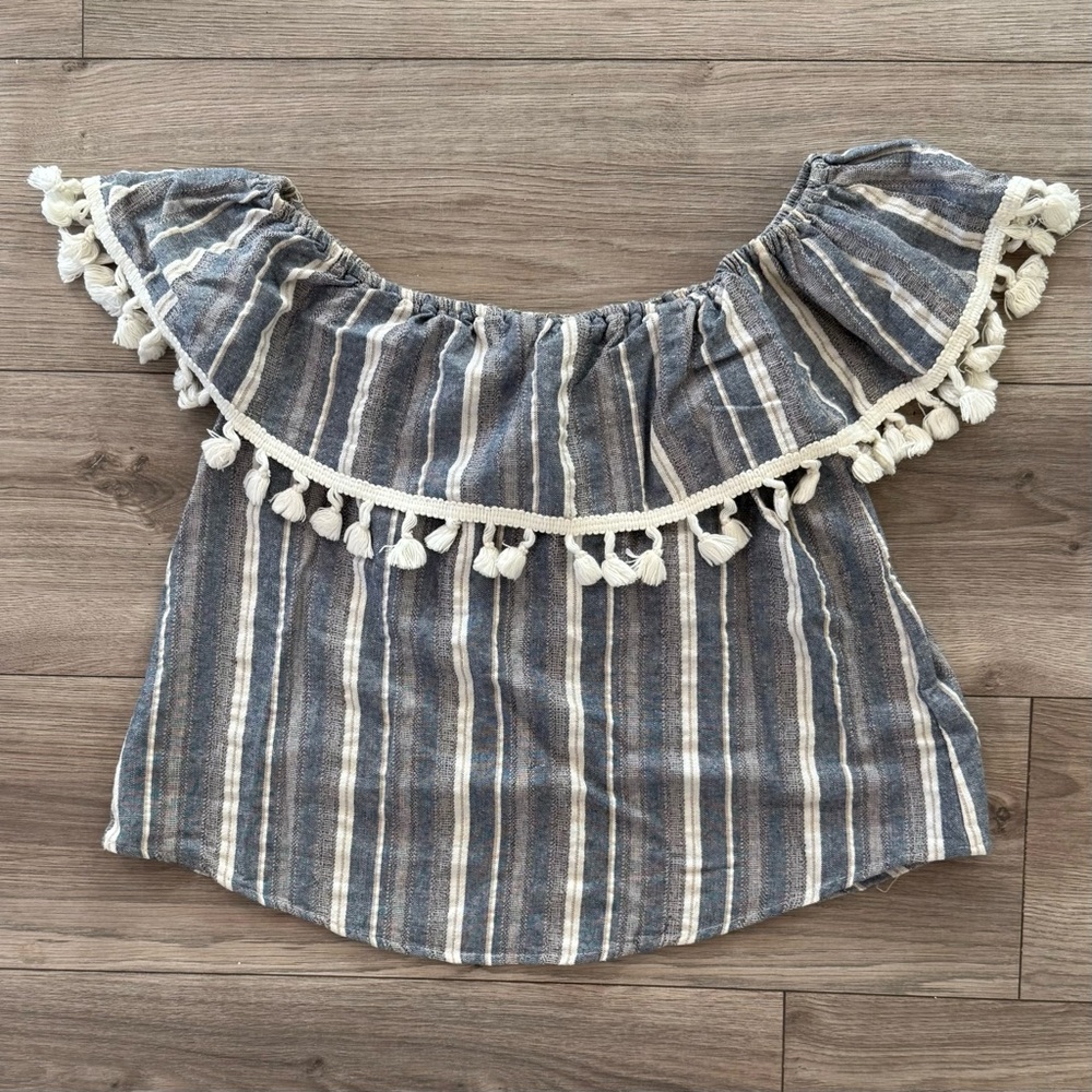 Striped Off-Shoulder Blouse with Tassels